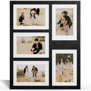 YESKAY 4x6 or 5x7 Picture Frames, Black Rustic Wooden Frame with Real Glass, Displays Pictures Five 4x6 with Mat or 5Pcs 5x7 without Mat for Wall Mounting, Photo Collage Frame