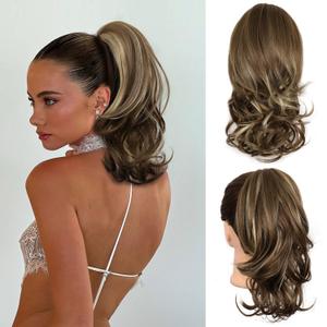 Clip on Ponytails for Women - 14 Inch Curly Ponytail Extension, Wavy Pony Tails Hair Extensions, Synthetic Hair Extensions Ponytail, Clip in Ponytail (Ash Brown with Beige Blonde Highlights)