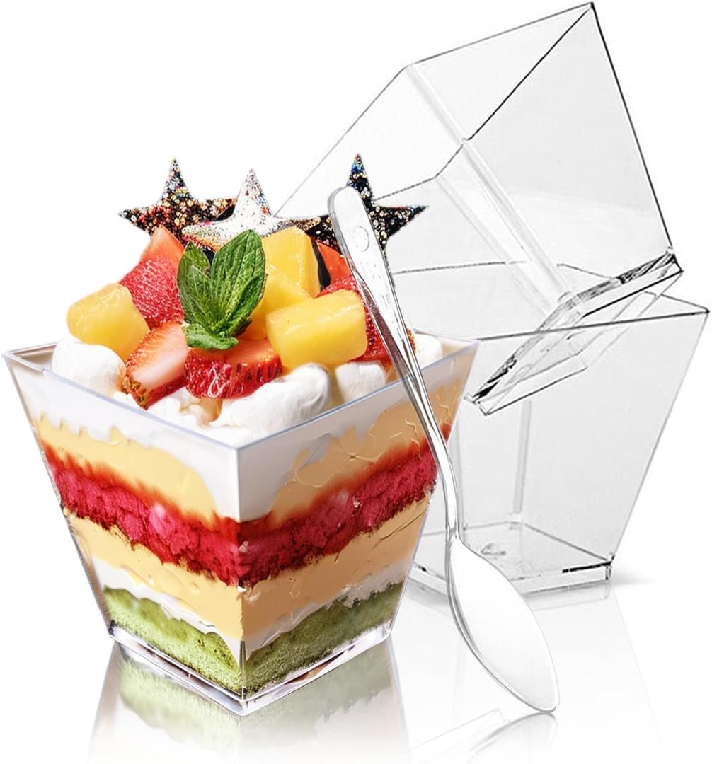 Hiasobre 50 Pack 3.5 oz Plastic Dessert Cups with Spoons, Mini Square Parfait Appetizer Cups, Reusable Small Shooter Cup, Clear Serving Bowls for Tasting Party Samples Dessert Shot Glasses