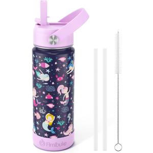 Fimibuke Kids Insulated Water Bottle, 18oz BPA FREE 18/8 Stainless Steel Kids Cup with Straw Travel Tumbler Double Wall Vacuum Leak Proof Toddler Water Bottle for School Boys Girls(1 Pack, Mermaid)