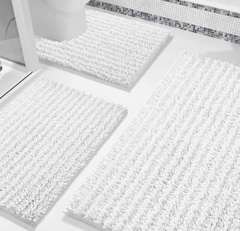 Yimobra Bathroom Rug Set 3 Piece - Super Absorbent Quick Dry Chenille Bath Mats & Toilet Rug, Non Slip Machine Washable, Extra Thick Shaggy Floor Mat for Shower Tub Sink, White