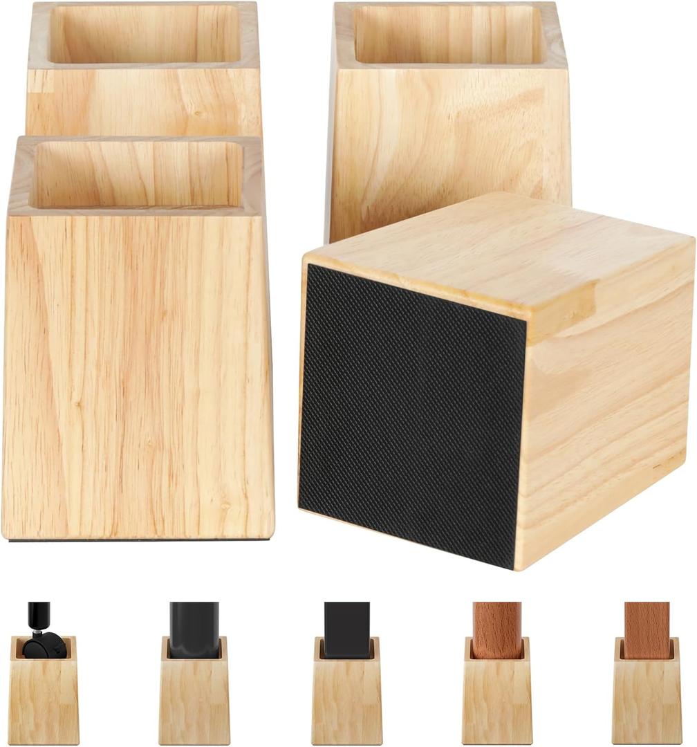TQVAI Bed Risers Heavy Duty, Support 2200 lbs, 1-in Deep Anti-Fall Edge, 4 Pack Wooden Furniture Bed Lifts Risers with Non-Slip Pads for King Queen Twin Full Size Frame, Original, 5" H(Inner 4" H)