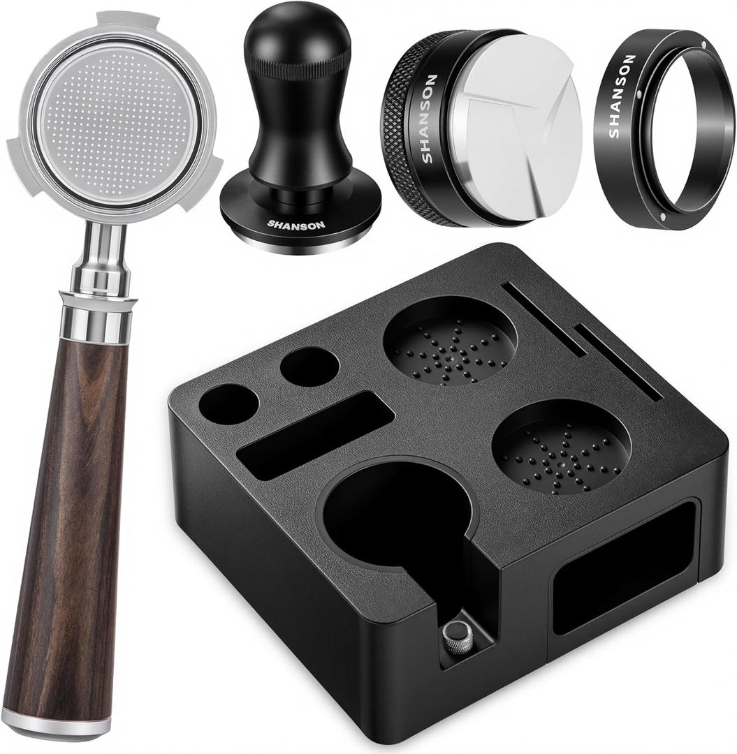 ShanSon Espresso Accessories Kit,7-in-1 51mm Compact Espresso Tamper Set: Espresso Tamper, Distributor, Bottomless Portafilter, Dosing Funnel, Station