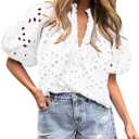 PRETTYGARDEN Women's Summer Tops 2025 Dressy Casual Short Sleeve V Neck Buttons Hollow Out Lace Embroidered Blouses Shirts (White,Small)
