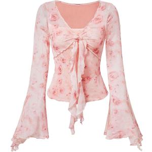 Verdusa Women's Y2K Cute Bell Sleeve Tops Floral Print Mesh Summer Long Sleeve Going Out Tops 2000s Clothing (Pink), S