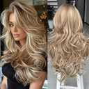 Aisaide Ombre Platinum Brown Highlight Wig with Bangs Long Wavy Layered Wig with Curtain Bangs for White Black Women,Synthetic Ombre Light Brown Layered Long Wavy Shaggy for Women 24inch