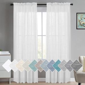 Turquoize White Linen Curtains 96 Inches Long Semi Sheer Curtains Light Filtering Linen Drapes for Living Room/Bedroom 2 Panels Set Rod Pocket Window Treatments Panels,W52 x L96, White