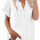 Womens Button Down Casual Shirts Cotton Short Sleeve Blouses Solid Summer Tops with Pocket, M