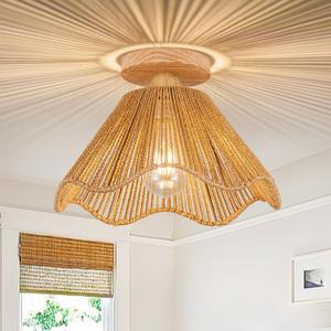 D12.5 Inch Boho Light Fixtures Ceiling Mount Boho Rattan Ceiling Light Flush Mount Mini Chandelier Bedroom Hallway Entryway Bathroom Nursery (Brown-D32cm)
