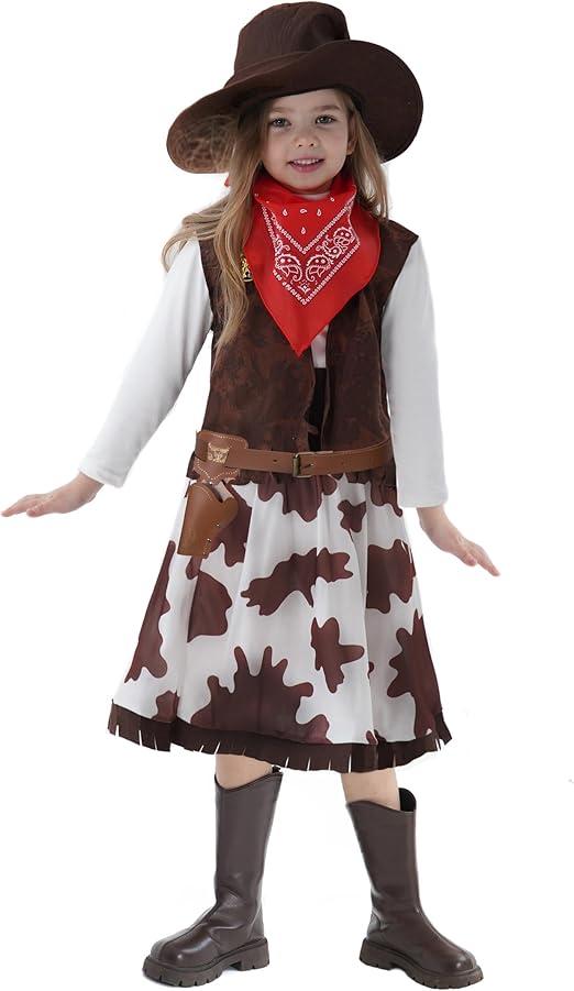 Cowgirl Costume for Girls 6pcs Set Kids Dress Up Birthday Halloween Party Cosplay 3-13 Years