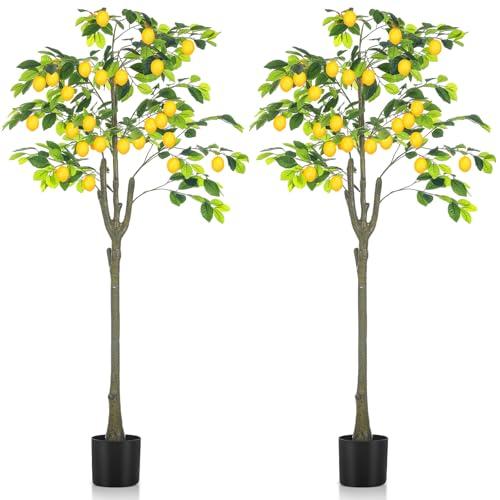 Jexine 2 Pack Artificial Lemon Tree 6 ft Tall Fake Plant Pre Potted Faux Lemon Tree Realistic Fruits for Indoor Home Decor Office Living Room