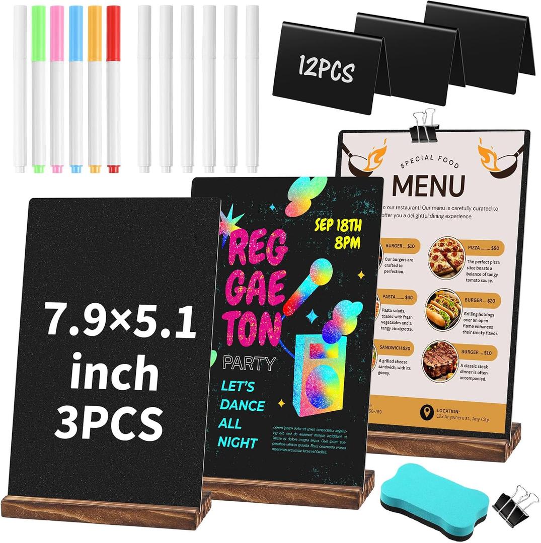 Beeveer 29 Pcs Chalkboard Sign Set, 7.9" x 5.1" Desktop Board Sign with Wood Base, 4" x 3" Mini Chalkboard Signs, Place Cards, Menu, Message Board, for Shop, Weddings, Parties and Event Decoration