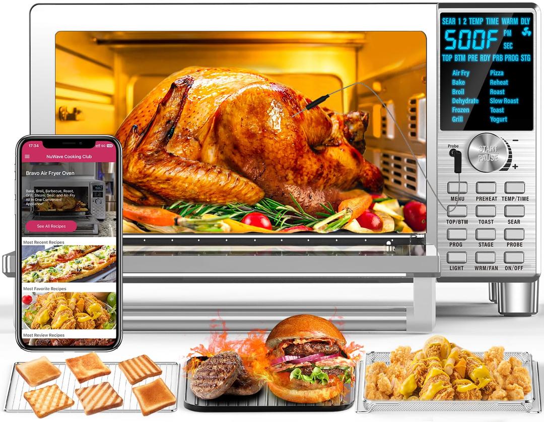 Nuwave Bravo XL Air Fryer Toaster Smart Oven, 12-in-1 Countertop Grill/Griddle Combo, 30-Qt XL Capacity, 50F-500F adjustable in precise 5F increments, Integrated Smart Thermometer, Linear T Technology (silver) Nuwave Bravo XL Air Fryer Toaster Smart Oven, 12-in-1 Countertop Grill/Griddle Combo, 30-Qt XL Capacity, 50F-500F adjustable in precise 5F increments, Integrated Smart Thermometer, Linear T Technology (silver)