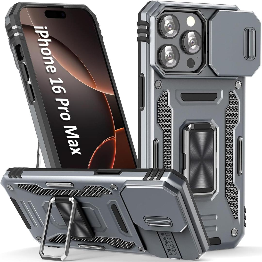 SEFING Phone Case for 16 Pro Max iPhone Case with Kickstand Ring Holder, with Camera Cover, with Magnet Car Mount Function, for iPhone 16 Pro Max (Grey)