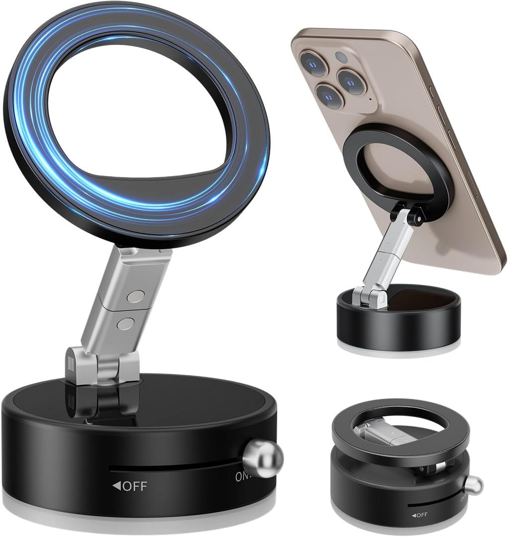 Magnetic Car Phone Holder, Universal 360 Dashboard Suction Cup Mount for Driving, Gym or Office, Foldable Vacuum Phone Holder for iPhone