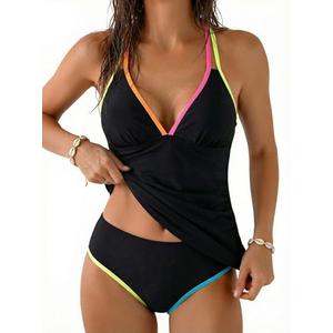 RXRXCOCO Women Tankini Swimsuits Bathing Suits Tummy Control Colorblock V Neck Ruched High Waisted Swimwear Black XL