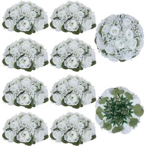 BLOSMON White Flowers for Centerpieces Wedding: 10 Pcs Artificial Rose Babys Breath Flower Balls for Table Decoration - Fake Silk Kissing Floral Arrangement for Home Party Event Decor