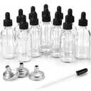 12 Pack, 2 oz Glass Eye Dropper Bottles w/ 3 Stainless Steel Funnels & 1 Long Pipette Dropper & 24 Labels - 60ml Clear Tincture Bottles for Essential Oils, Liquids - Leakproof Travel Essential Bottles