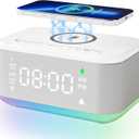 Alarm Clock Speaker Wireless Charger, Digital Alarm Clocks Bedrooms Bluetooth, Alarm Clock Dimmable Light Bedrooms Dual Alarm Snooze Dimmer 12 24H RGB Night Light Bluetooth USB AUX, White