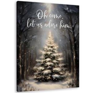 TLESKE Christian Christmas Tree Wall Art Decor 11x14, Vintage Winter Snowy Forest Xmas Tree Canvas Wall Art Print for Bedroom Living Room, Religious Oh Come Let Us Adore Him Wall Artwork Picture
