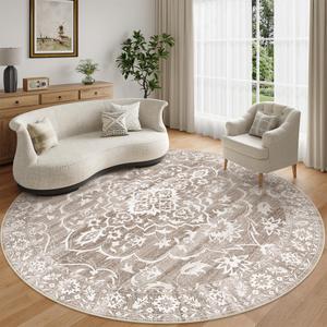 Soalmost Washable Round Rug 9ft for Living Room,Soft Circle Rug Light Brown