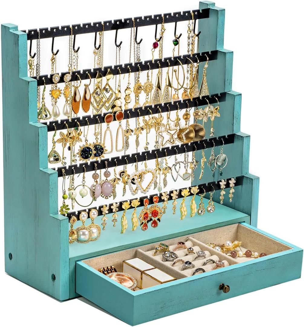 Pinzoveco Earring Organizer, 5 Layer Earring Holder Organizer with Necklace Holder Pole, Rustic Wood Jewelry Organizer Stand Display for Stud Earring Bracelet Necklace Ring, 175 Earring Holes (Teal)