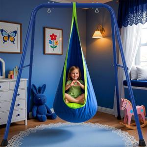 Heavy Duty Sensory Swing Frame for Kids - Indoor Outdoor Metal Stand with Cotton Pod Swing - 200LBS Capacity Blue Therapy Swing for Autism, ADHD, Special Needs - Easy Install