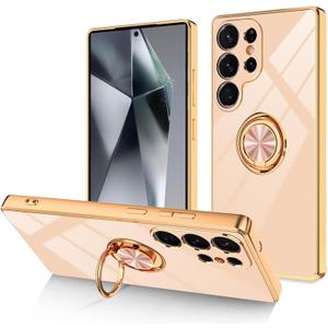 Dinick for Samsung Galaxy S25 Ultra Case with Ring Holder Kickstand, Soft TPU Gold Plated Cover, Anti-Scratch Shockproof Protection, Slim Magnetic Stand Case for Samsung Galaxy S25 Ultra, Pink
