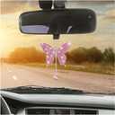 Bling Butterfly Car Accessories, Crystal Rhinestone Vehicle Rear View Mirror Charms, Lucky Diamond Auto Interior Hanging Ornament Pendant for Women Girls, Universal for Most Cars (Pink)