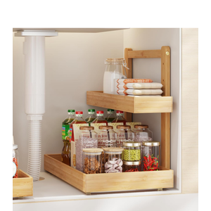 Bamboo Under Sink Organizer and Storage, 2 Tier Pull Out Cabinet Organizer, Slide Out Under Sink Storage Shelf, Undersink Organizers Shelves for Kitchen Bathroom Organization (Nature, 1 Pack)