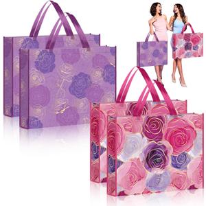 PerKoop 4 Pcs Extra Large Gift Bags 20 x 16 Inch Jumbo Mother's Day Purple Flower Bag Reusable Non Woven Gift Bags for Mother's Day Women's Birthday Bridal Showers Wedding