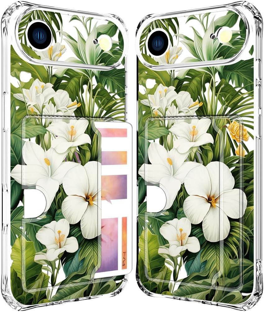 Compatible with iPhone 17 Air Case Card Holder for Women Cute Design,Wallet Phone Cases Transparent Cool Kawaii Protective (Clear Green Flowers Tropical Jungle)