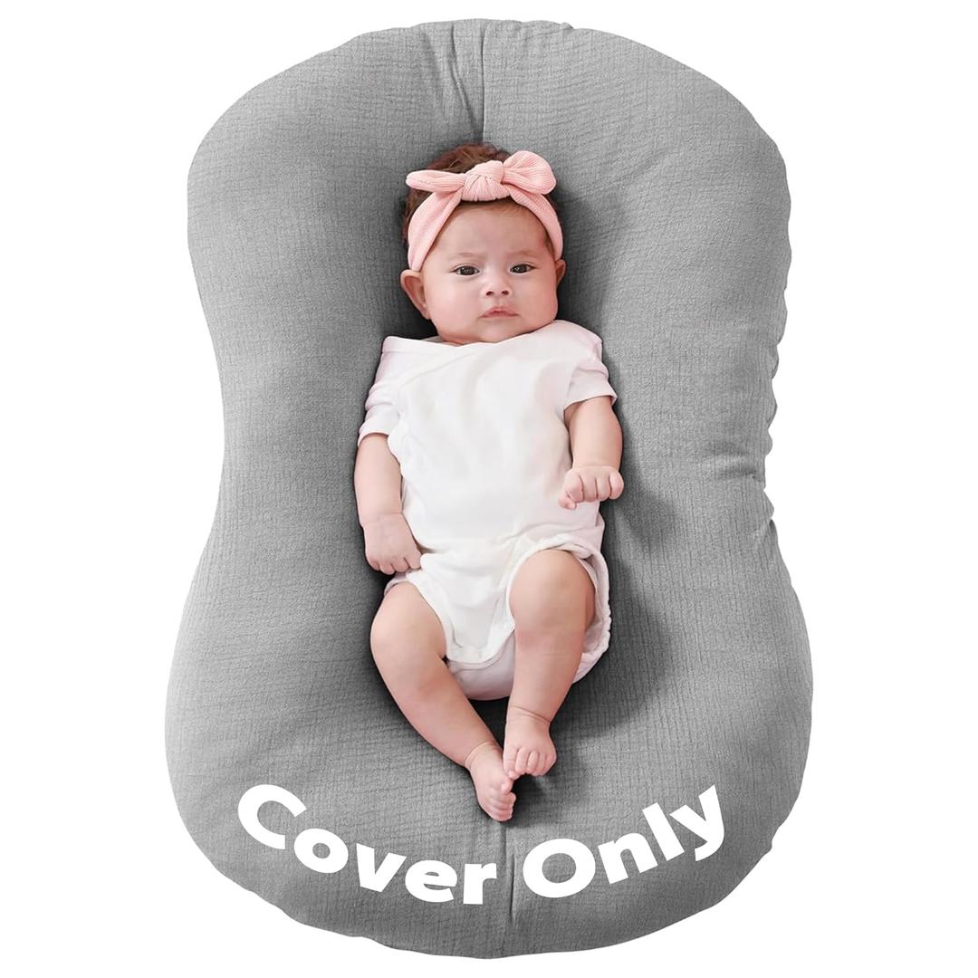 FUNUPUP Muslin Baby Lounger Cover Only Compatible with Snuggle Me Lounger, Infant Lounger Pillow Cover for Newborn, Removable Newborn Lounger Cover for Boys and Girls, Only Cover, Grey (Gray)