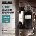 WASSERMANN 1/3HP 2800GPH Cast Iron Submersible Sump Pump with Automatic Vertical Float Switch,1-1/2"NPT Discharge Heavy Duty Sump Pump with 10FT Cord for Basement, Sump Basin, Flooded Area