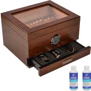 Cigar Humidor, Handcrafted Spanish Cedar Glass Top Humidor, Cigar Desktop Box Accurate Digital Hygrometer with 2 Humidor Solution(25-55 Cigars) by Jansfuren
