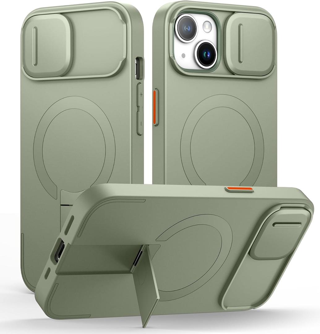SURITCH for iPhone 15 Case with Magnetic Camera Slide Cover and Adjustable Kickstand, Compatible with MagSafe, Shockproof Bumper Case Slim Protective Cover 6.1 Inch, Green
