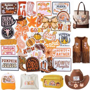 Meneng Fall Iron On Patches for Clothing: 32 Pack Autumn Pumpkin Leaves Embroidered Patches for Jackets Hats Backpacks - Western Thanksgiving DIY Decor