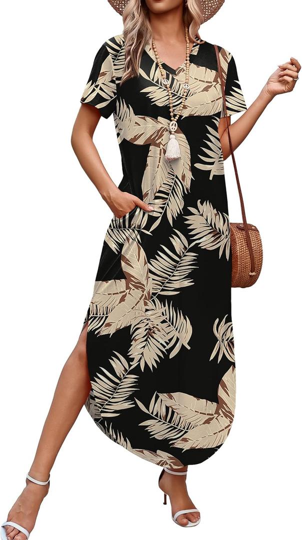 WIHOLL Women's Summer Short Sleeve Dresses Maxi Dress Vacation Beach Sundresses 2026 with Pockets (Large, Floral Black Leaves)