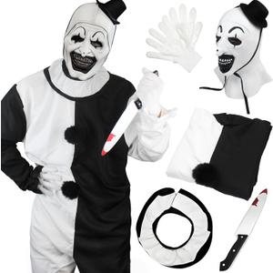 Halloween Clown Costume Black and White Clown Jumpsuit Outfit With Mask Accessories Set (140, Full-face)
