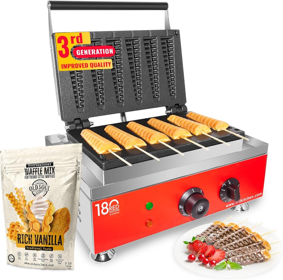 ALDKitchen Waffle Dog Maker | Corn Dog Maker with Red Panel for Business | Stainless Steel | Waffles on a Stick | 110V (6 Waffles)