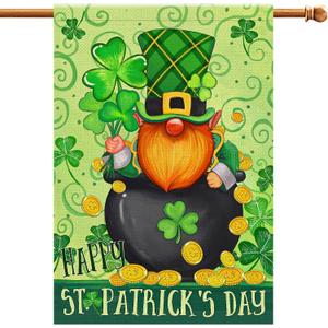 Happy St Patricks Day Gnome House Flag Burlap 28x40 Double Sided, Green Leprechaun Hat Shamrock Lucky Clover Holiday Party Sign Large Flags Yard Outdoor Decorations DF656-28