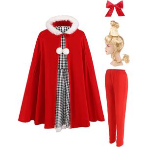 Costume for Adult Women Girls Christmas Dress with Blonde Wig Cosplay Party Suit Outfit Red Cape (Large-X-Large)