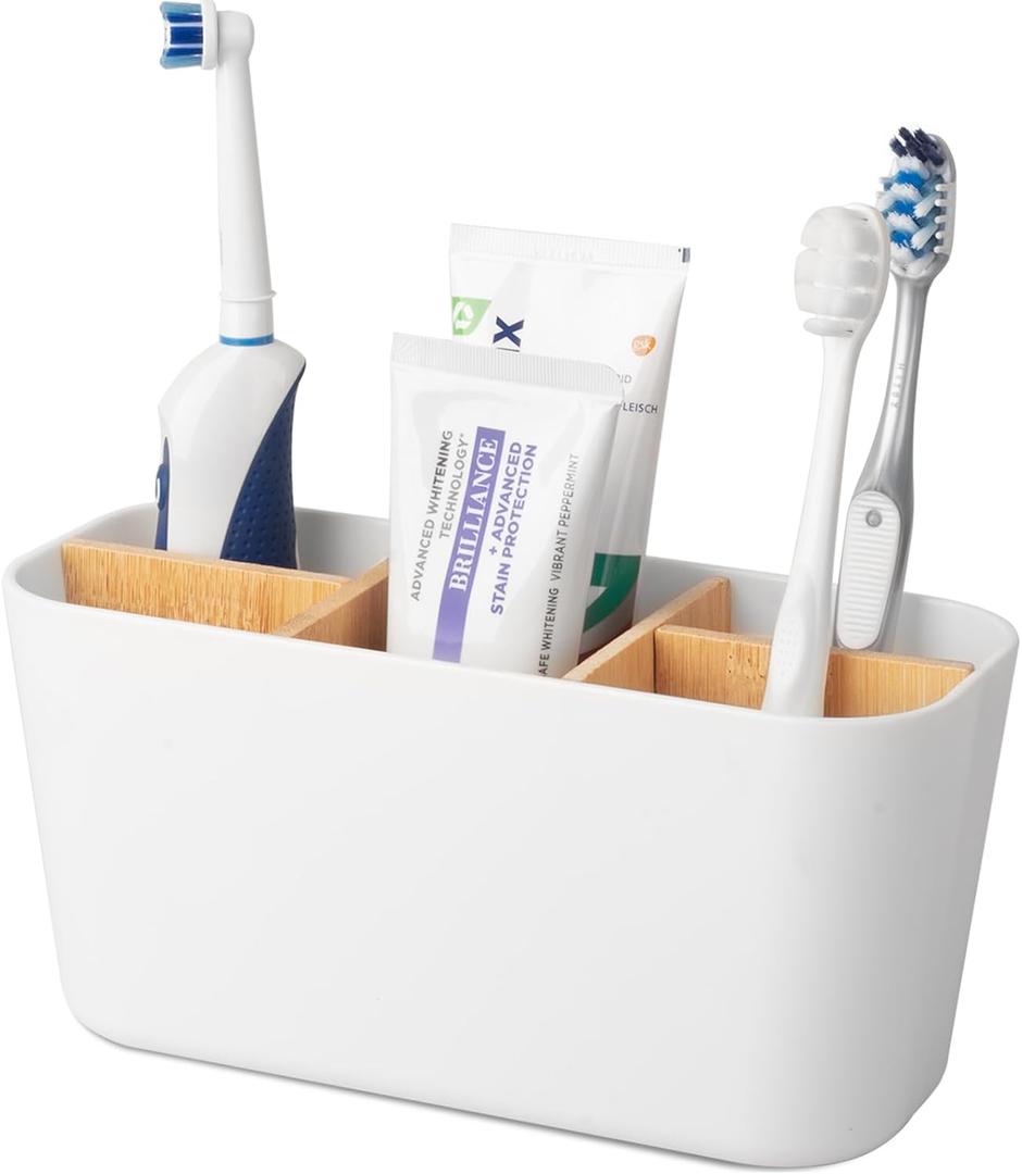 Toothbrush Holders for Bathrooms, Bamboo Tooth Brush Holder with 5 Slots Bathroom Vanity Organizer Countertop for Electric Toothbrushes, Toothpaste, Razors - White (Small (7.5" x 3.0"))