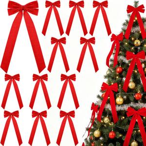 Riceshoot 12 Pcs Large Christmas Velvet Bows 6.5 x 15 inch Wreath Crafts Bows Vintage Christmas Tree Decorations Ornaments for Home Party Gifts Wrapping Garland Indoor Outdoor Holiday Decor (Red)