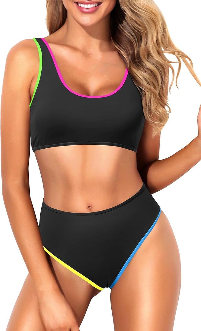 Tempt Me Women Sporty Bikini Set Two Piece High Waisted Swimsuit Athletic Scoop Neck Bathing Suit Colorful Black L