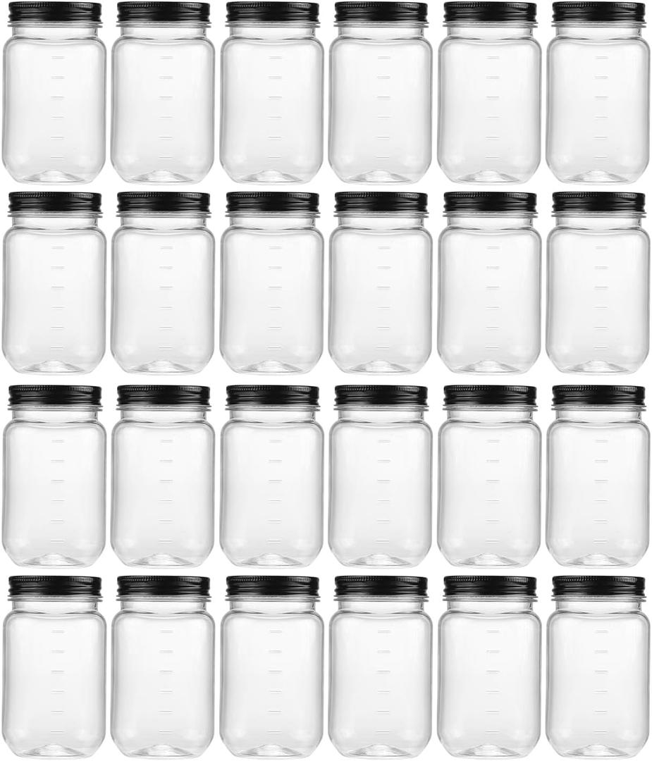 novelinks 16 oz Clear Plastic Jars with Lids, Refillable 16oz Mason Jars with Lids & Storage Containers for Kitchen & Household Use (24 Pack,Black)