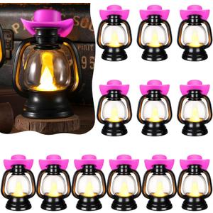 ROCEEI 12 Pieces Cowboy Hats Mini Lantern Western Cowgirl Small Lantern Decoration Retro Tiny Lamp with LED Candle Hanging Table Centerpieces Decor for Wedding Birthday Party Favor (Pink) (Pink)