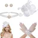 Heliltd 4Pcs Tea Party Fascinator Hat for Women Flower Fascinators for Women Feather Hat Lace Glove Pearl Jewelry Set (Standard, White)