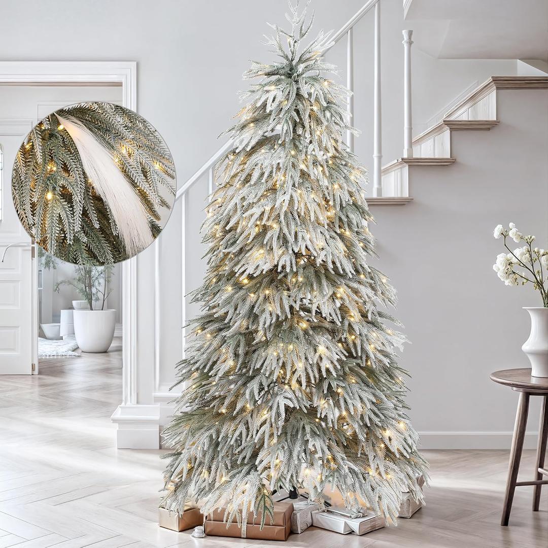 DWVO Illuminated Snowy Pampas Christmas Tree, Natural-Looking Flocked Tree 6ft with 30 Plumes, 355 PE Branch Tips, and 400 Lights for Workplace, Home, and Celebration Embellishment