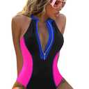 BIKINX Women One Piece Bathing Suit Tummy Control Swimsuits High Neck Zip Front Monokini Color Block Rash Guard Swimwear (Large)